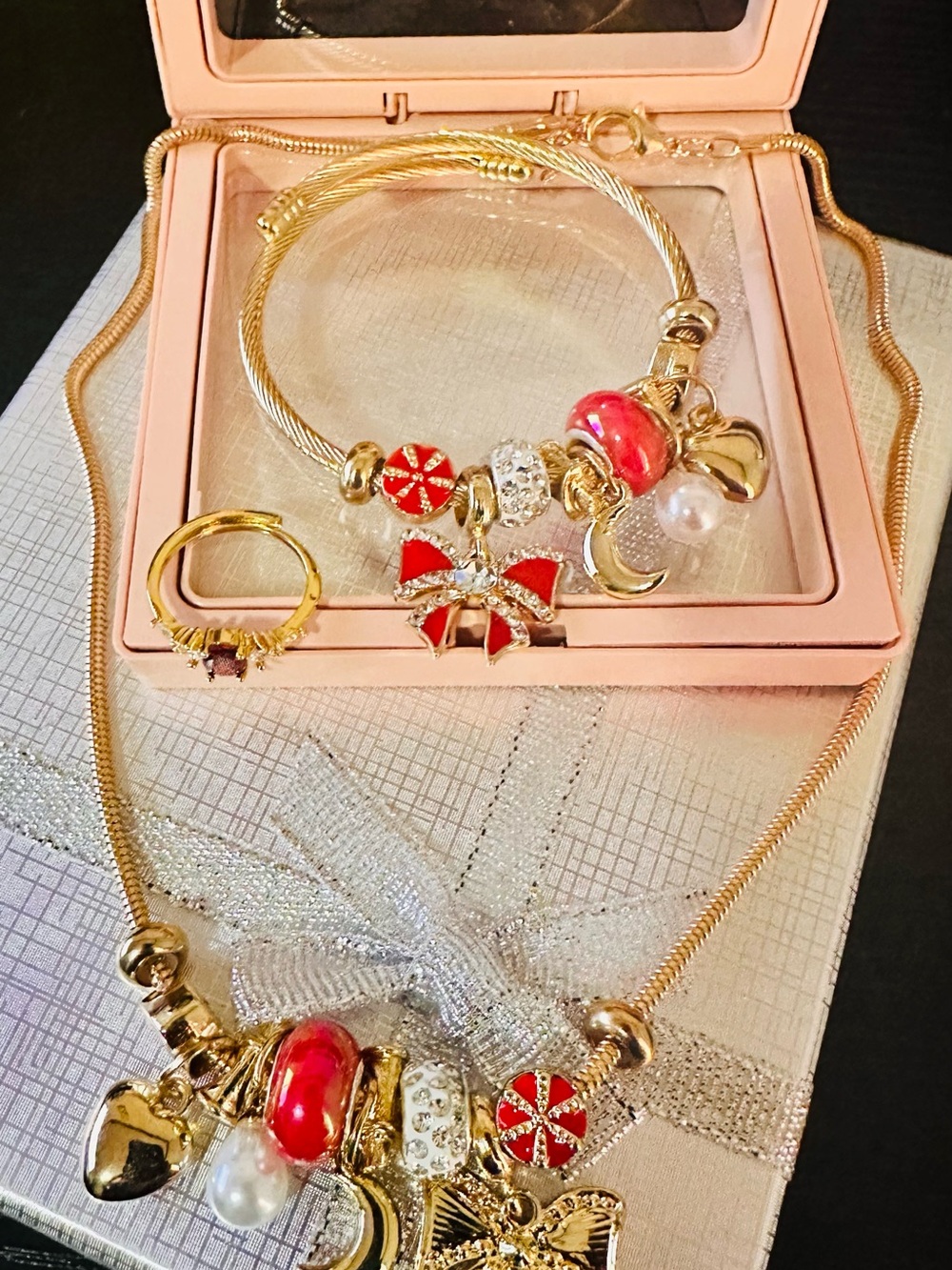 Gold-Tone Red Enamel & Pearl Charm Bracelet, Necklace and Ring Set